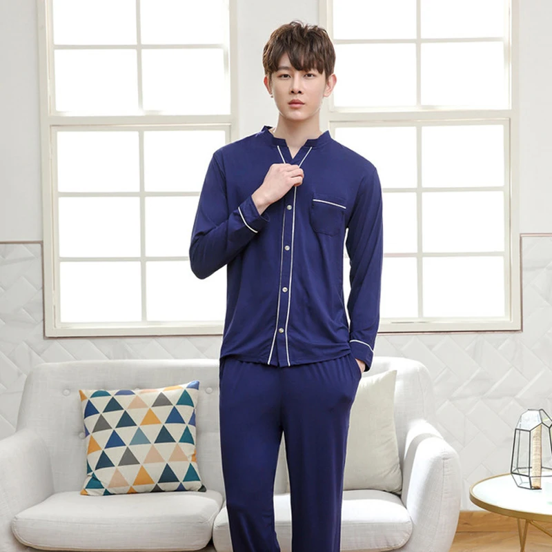 New Arrival Mens 2PCS Modal Pajamas Set Long Sleeve V Neck Night Suit Casual Homewear Loose Bamboo fiber Nighty