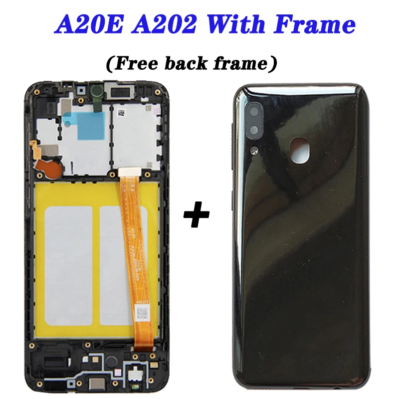 Pantalla LCD táctil de alta calidad para Samsung A20e, montaje de digitalizador, A202, A202F, reemplazo de cubierta trasera gratis