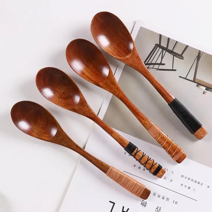 20*4cm Natural freshness wooden spoon Japanese-style tableware  long-handled wrapped line spoon handmade SN3764