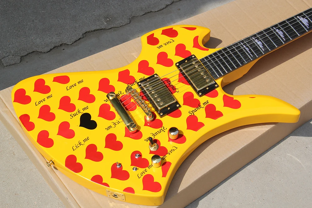 Two Styles Yellow Electric Guitar with redHeart,Rosewood Fretboard,Providing Customized Service