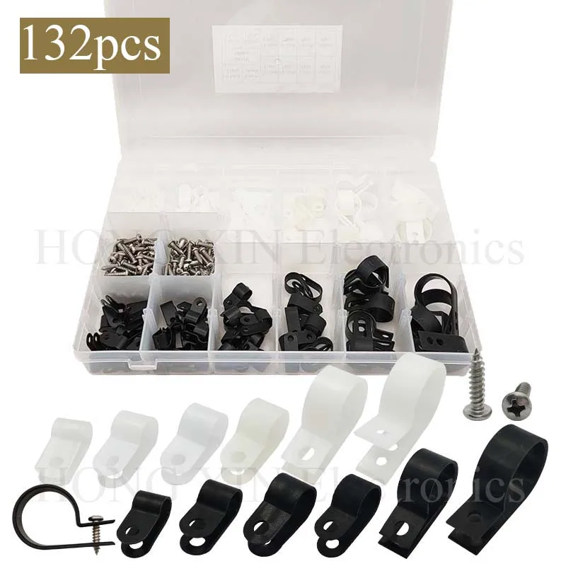 135 Pack 6 Sizes White+Black Nylon Plastic R-Type Cable Clips Clamp Assortment Kit, 6.4/8.4/10.4/13.2/19/23mm