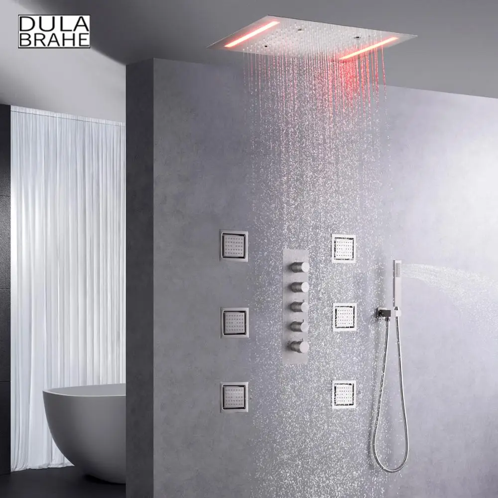 DULABRAHE Bathroom Shower Faucet Set Brushed 20X14 Inch Rainfall Shower Head With LED Touch Screen Bath Mixer Body Combo System