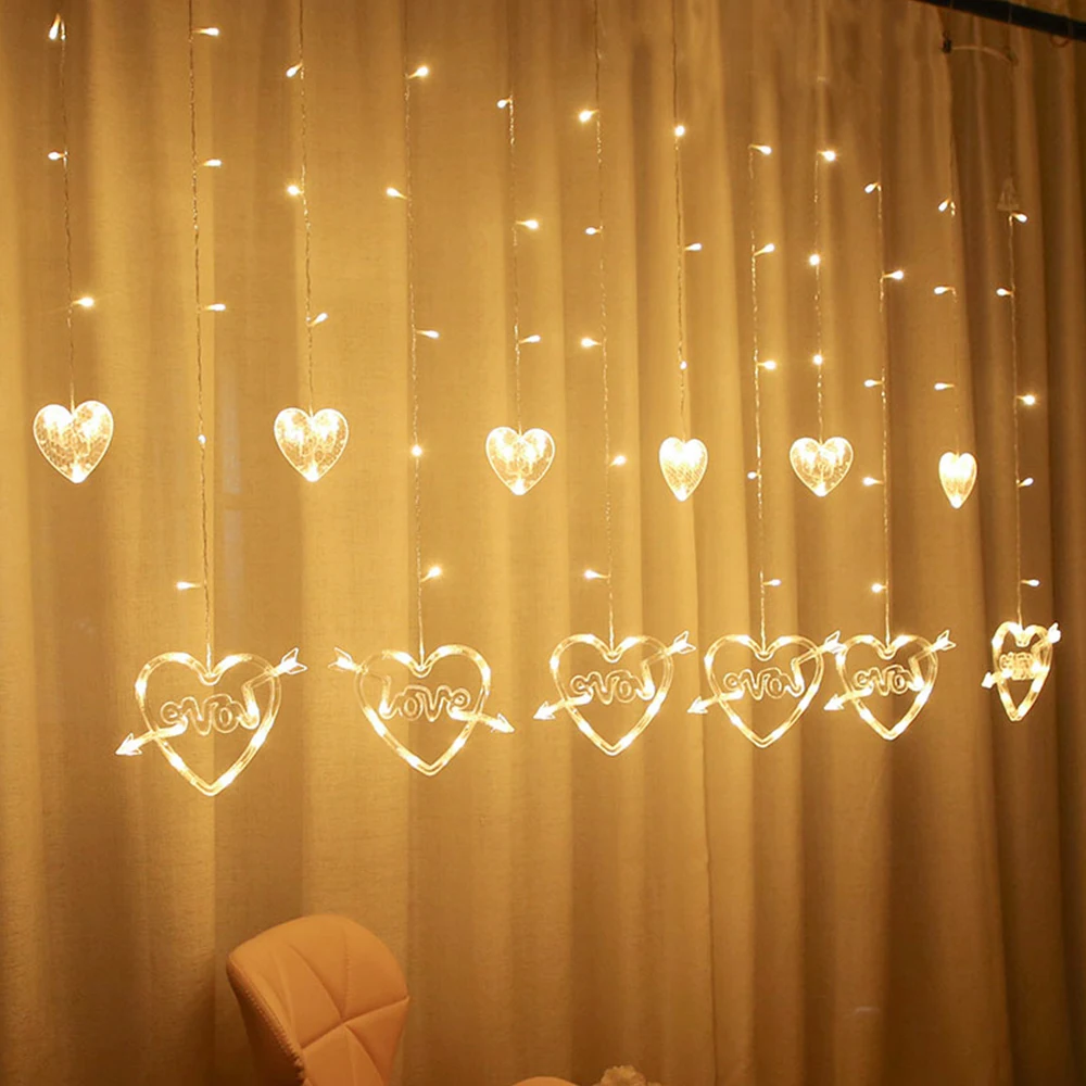 220V EU Plug Heart-Love Curtain Lights LED String Lights Ins Christmas Fairy Lights Outdoor For Party Home Wedding Party Decor