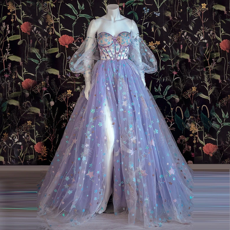 Vestido de tul púrpura claro, vestido Floral sin hombros, escote Corazón, Vestidos de Noche de línea a con apliques de inicio de hendidura, vestido