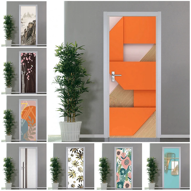 3D Abstract Geometric Bathroom Wallpaper Tree Flower Leaves Door Sticker Waterproof PVC Self-adhesive DIY Removable Posters