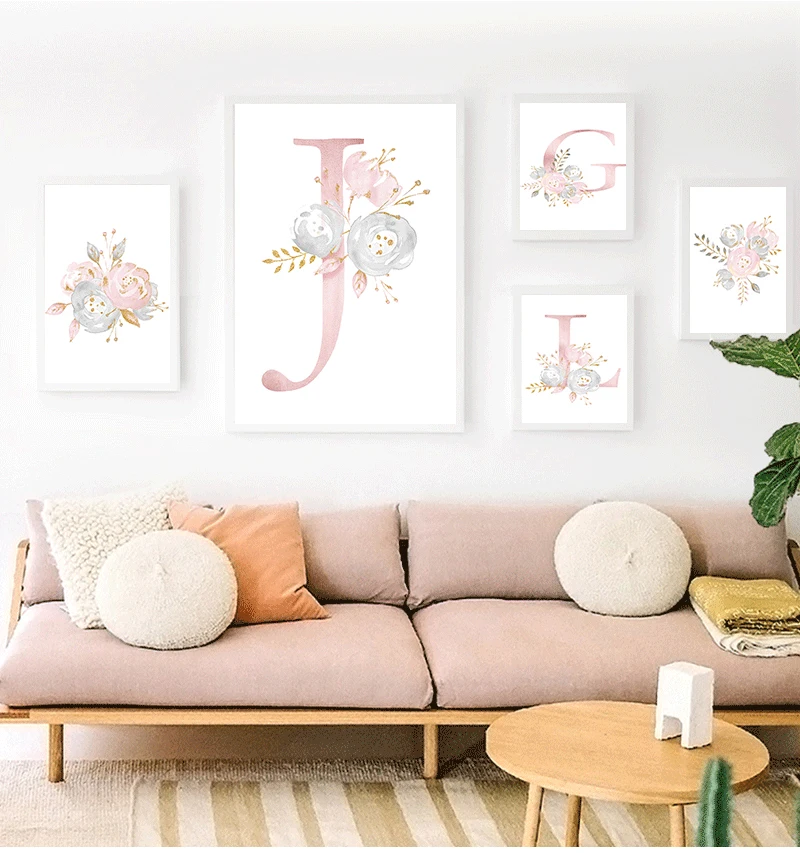 Flowers Wall Art Pictures For Girls Room Decoration Personalized Poster Baby Name Custom Canvas Painting Nursery Prints Pink