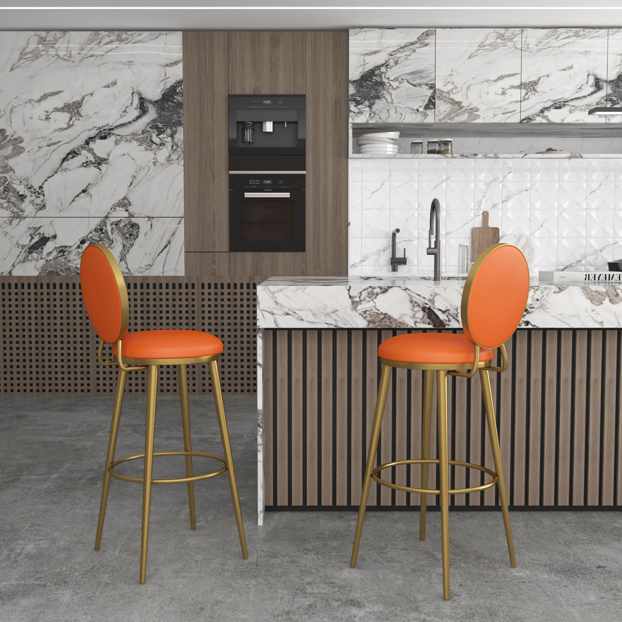 İskandinav Ferforje Bar Tabureleri Modern Minimalist Tasarım Altın Renkli Sırtlık Resepsiyon Kasiyer Yüksek Tabureleri