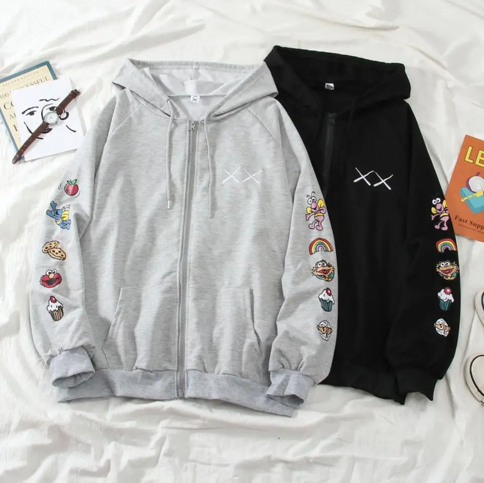 

2021 Sleeve Print Pullovers Hoodies Women Gray/Black Zip Up Sweatshirt Summer Jacket oversize Clothes Vintage Pockets Tops