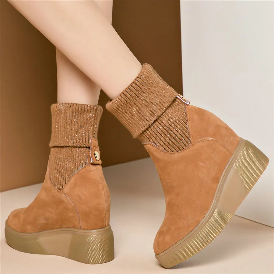 Fashion Sneakers Women Genuine Leather Wedges High Heel Ankle Boots Female High Top Knitting Stockings Pointed Toe Pumps Shoes