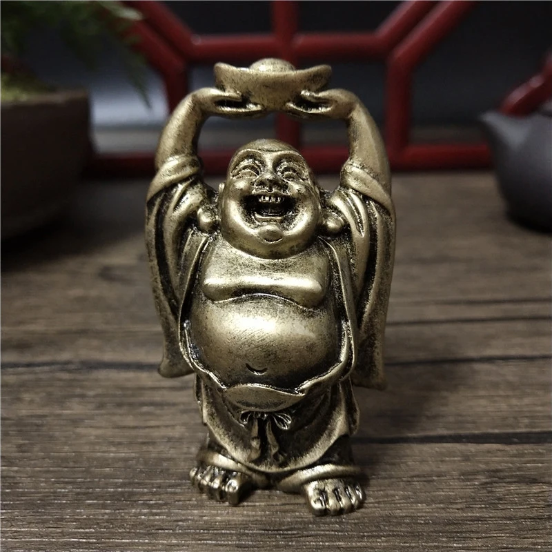 Bronze Color Laughing Buddha Statue Ornaments Resin Home Decoration Lucky Wealth Maitreya Buddha Sculpture Figurines Statues