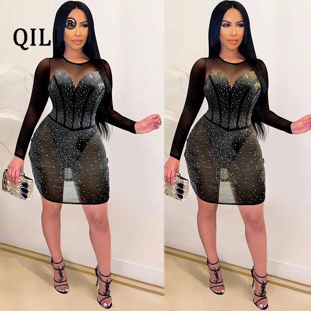 

QILI-O-neck Full Sleeve Rhinestone Dress for Women, See Through Mesh Patchwork, Mini Party Dress, Elegant Lady