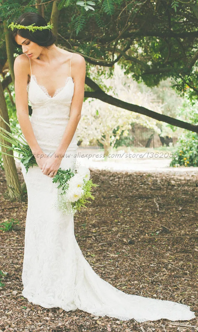 Vestido de novia con cuello en V, traje de encaje con tirantes finos, sirena, Espalda descubierta, 2019