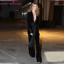 Women Romper Sexy V Neck Velvet Jumpsuit Flare Sleeve Belt Work Party Ropmers Fashion Streetwear Long Pant  Overalls  2020