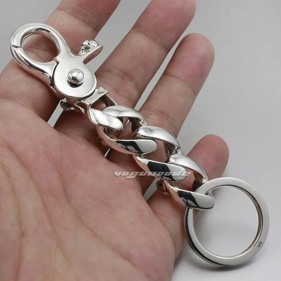 Skull Bone 925 Sterling Silver Belt Clip KeyRing Mens Biker Rocker Punk Keychain 8J002