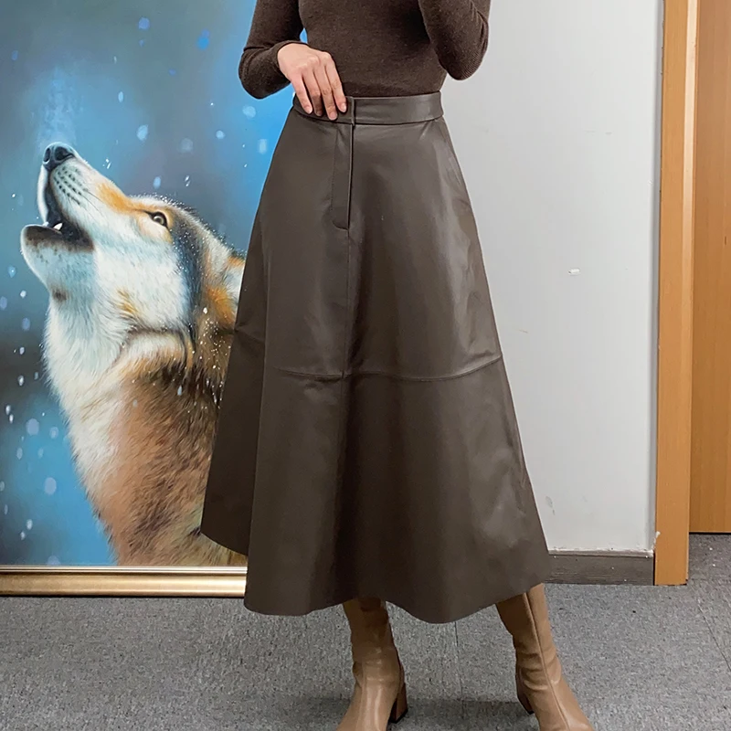 Women Garment Natural Leather Skirt Female Commuter Leisure Large Swing Long Jupe Mujer Umbrella 80 cm Maxi Skirts Big Size