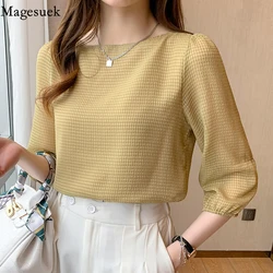 2022 Summer Short Sleeve Chiffon Shirts Ladies Korean Chic Plaid Lantern Sleeve Loose Blouse Women Fashion Slash Neck Tops 15214