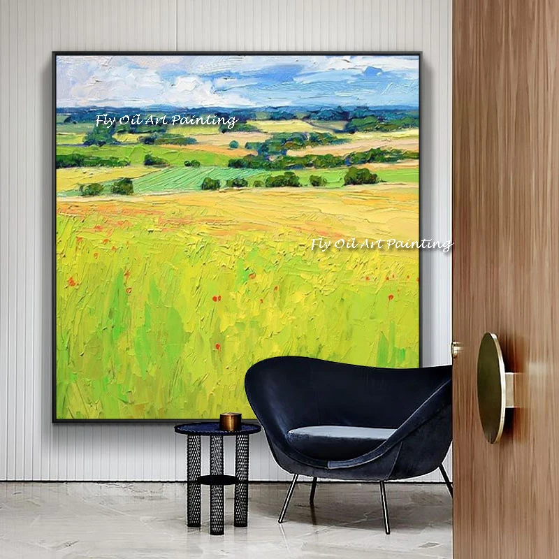 Rural scenery  Flower Wall Art Picture Handmade Rape Flower Yellow Field Canvas Home Decor Mural Painting For Living Room