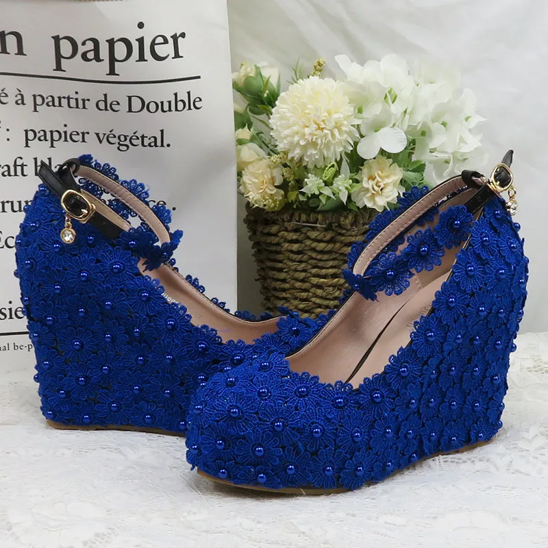 BaoYaFang Royal Blue Ankle Strap Wedding shoes high heels platform shoes Wedges Flower Woman Pumps High Shoes Buckle Round Toe