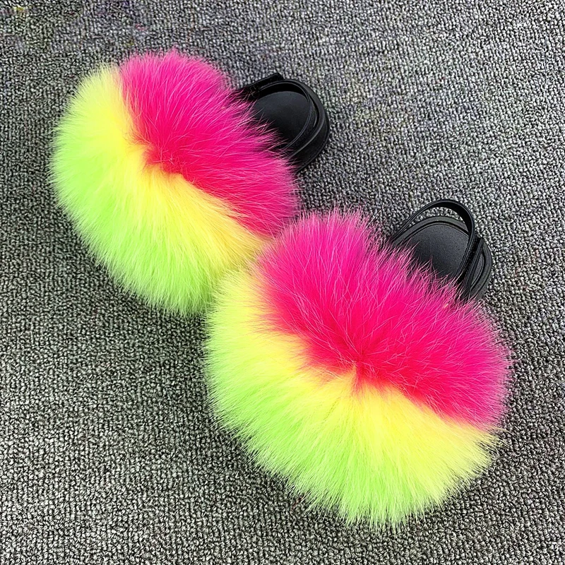 Crianças Fluffy Fox Fur Slides, Baby Sandals, Girls Barefoot Shoes, Kids Flat Shoes, Toddler Sandals, Hot Sale, Novo, Verão