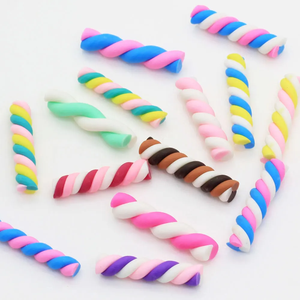 Wholesale Pastel Color Polymer Clay Candy Marshmallow Twists Striped Polymer Clay Candy Canes Miniature