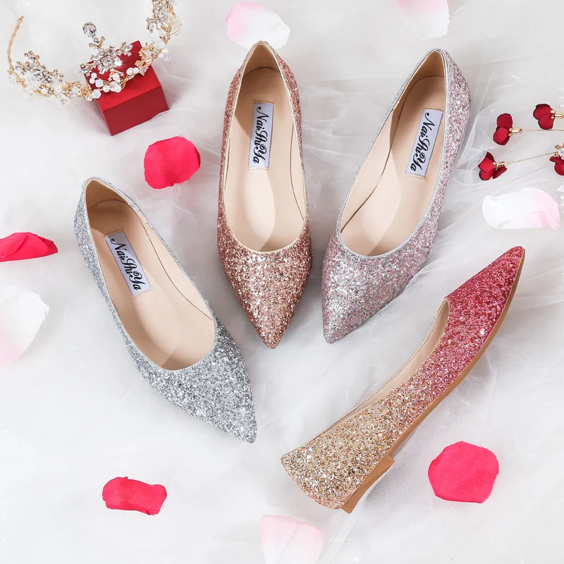 Wedding Shoes Flat Heel Sequins Bling Bling Flats Bride Shoes Gold Silver Pointed Toe Slip on Lazy Shoes Plus Large Size 33-44