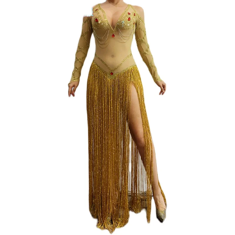 

Long tassels bod bar dance bodysuit celebration performance dance wear Customized sexy Mesh golden tassels belly dance costume