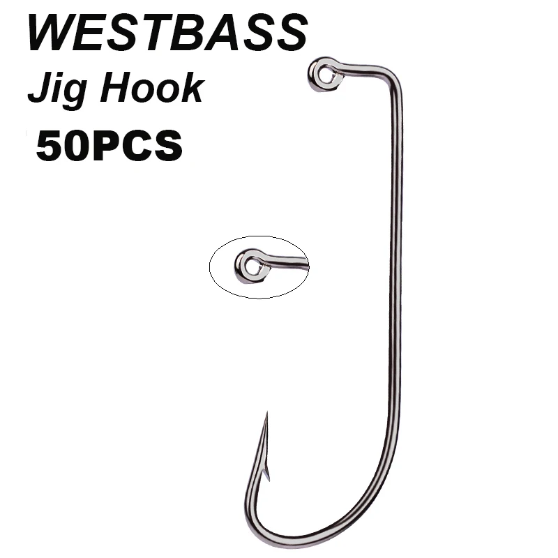 WESTBASS 50PCS Jig Hooks 2#-5/0# Long Shank Fishhooks Carbon Steel Fishing Hook Barbed Carp Single Hooks Fishing Accessories