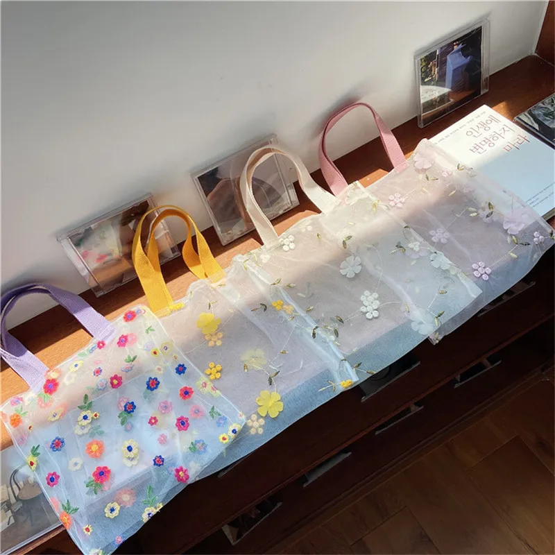 Minin Embroidered Light Clear Tote Bags Female Simple Shoulder Mesh Shipping Bags Floral Beach Eco Fruit Bag Purse for Girls New