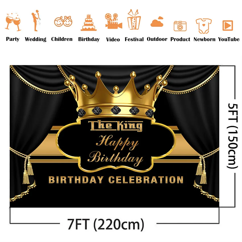 Prince happy birthday Backdrop Gold Crown Black curtrain background for photo studio boy birthday party decoration supplies