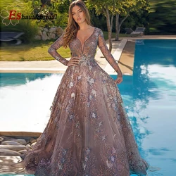 Vestidos de Noche árabes elegantes de manga larga para mujer 2024 Aline cuello en V encaje de cristal vestidos formales de fiesta de graduación y boda personalizados