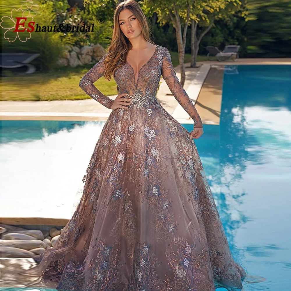 Elegant Arabic Long Sleeves Evening Dresses for Women 2024 Aline V Neck Crystal Lace Formal Prom Wedding Party Gowns Customized