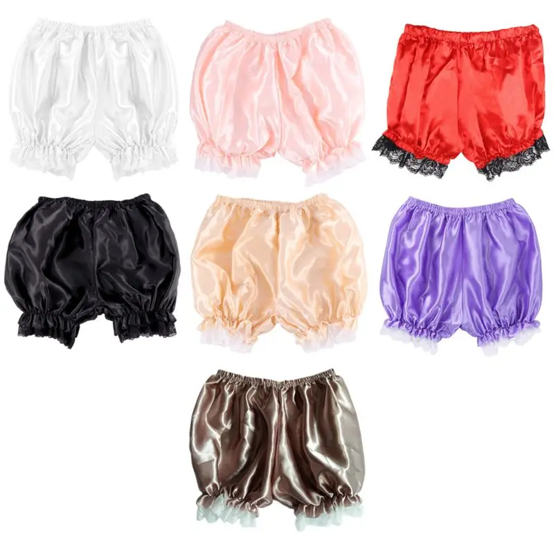 Women Imitation Silk Bloomers Ruffles Lace Trim Panties Victorian Pumpkin Shorts Solid Color Dance Dress Split Skirt Pettipants