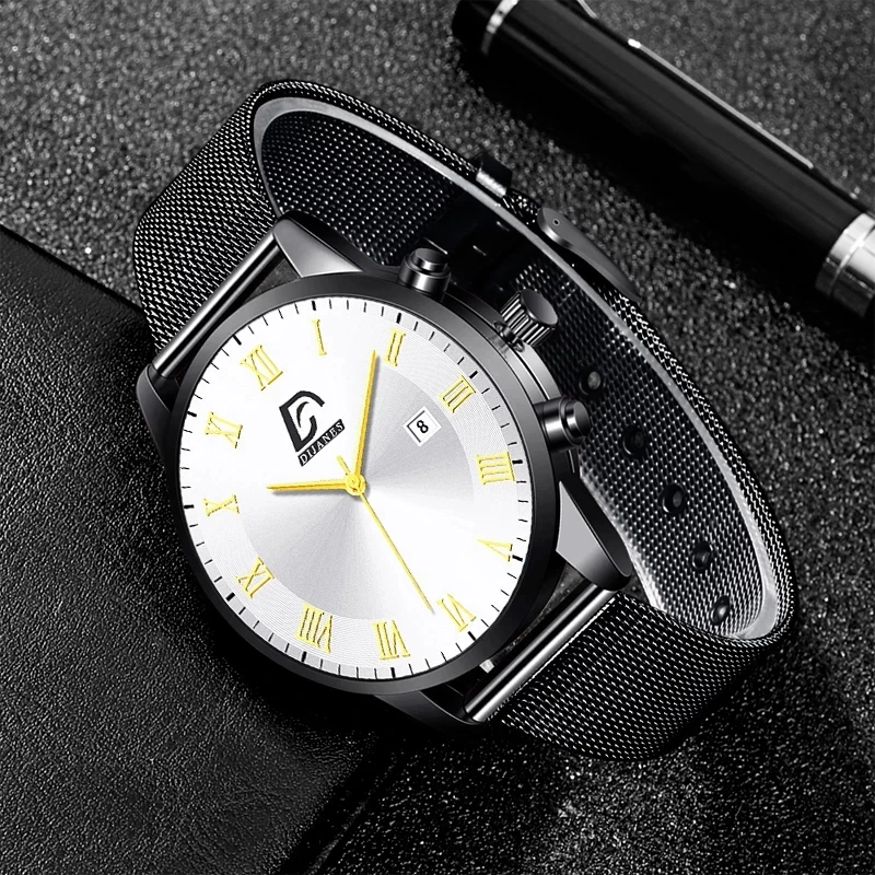 2024 Luxe Mode Heren Minimalistische Horloges Luxe Roestvrij Staal Gaas Riem Quartz Horloge Heren Business Casual Klok Reloj Hombre