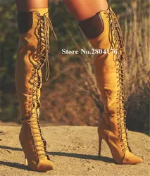 Western Sexy Pointed Toe Camel Over Knee Stiletto Heel Gladiator Boots Lace-up Patchwork Cowboy Long High Heel Boots Big Size