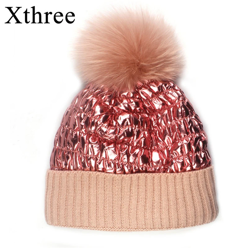 

Xthree Waterproof Winter Hat Knitted Hat for Women Beanies Snow Reflective Real Fur Pom Poms Skullies Girls Hat Feminino