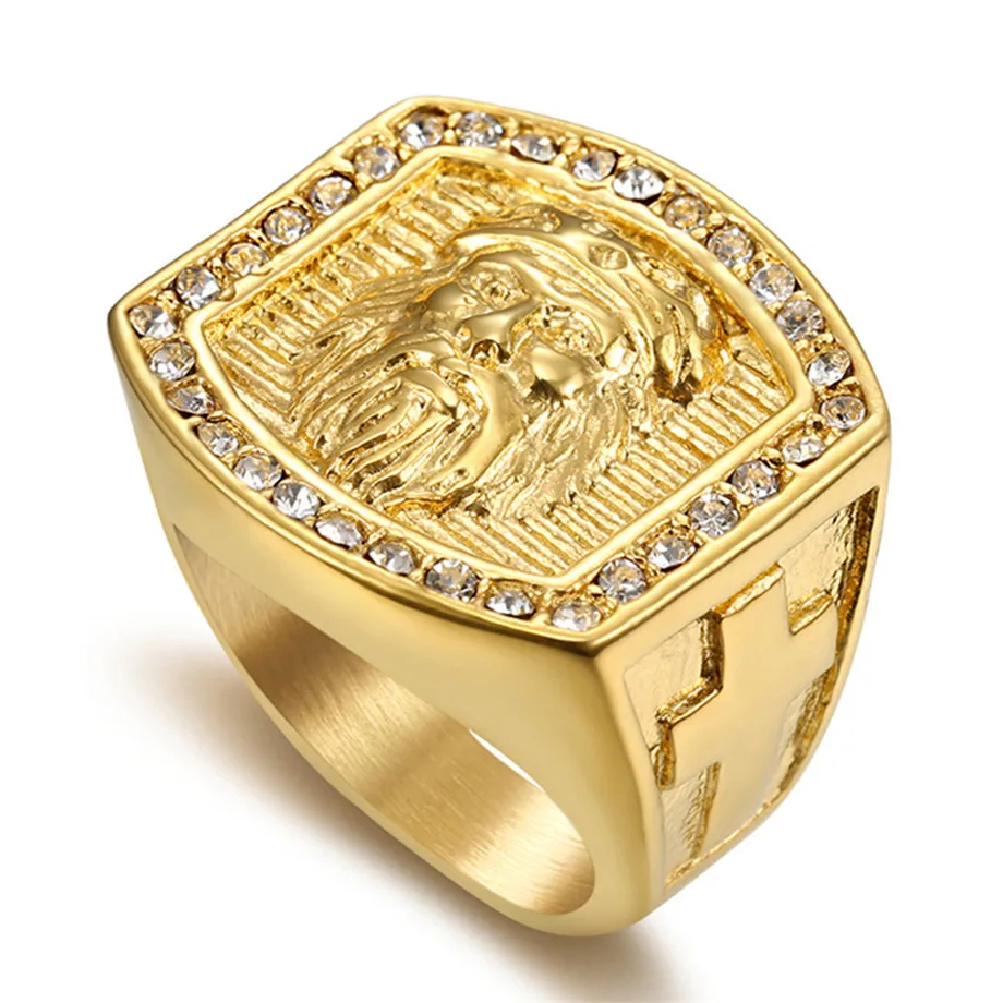 Hip Hop Men's Iced Out Bling CZ Ring Male Gold Color Stainless Steel Jesus Cross Rings For Men Religious Jewelry Dropshipping