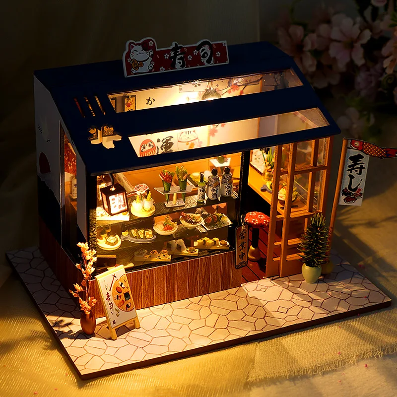 DIY Holz Puppenhaus Montiert Sushi Dessert-Shop Miniatur mit Möbel Puppe Haus Casa Spielzeug für Kinder Erwachsene Geschenke