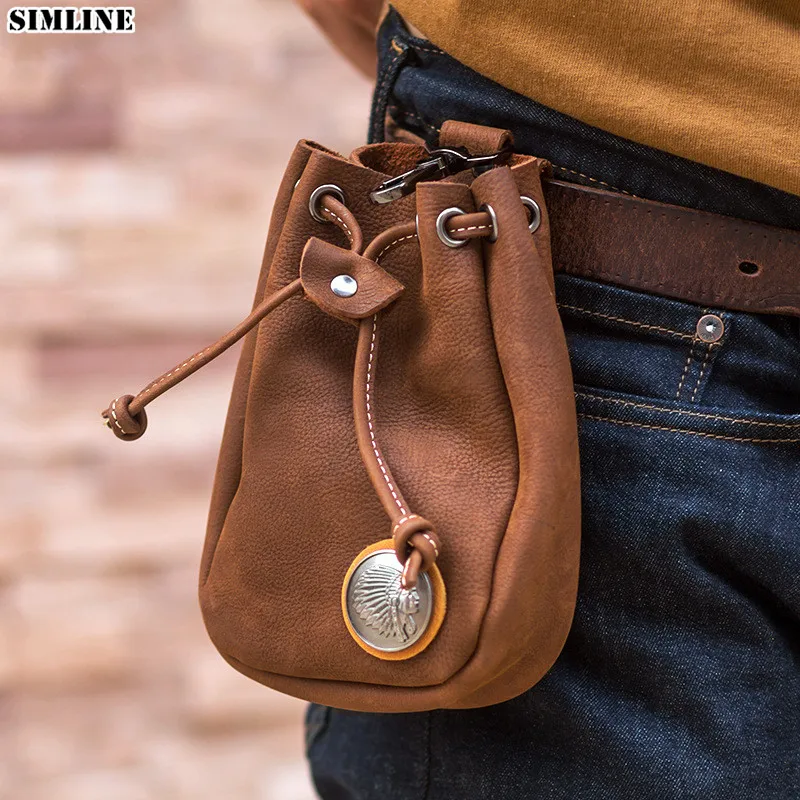 SIMLINE 100% Genuine Leather Belt Waist Bag Pack For Men Male Vintage Handmade Small Mobile Phone Case Cellphone Holder Pouch