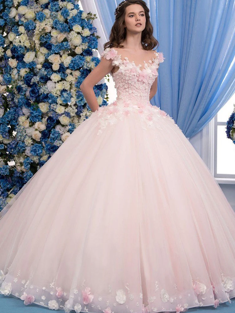 Lovely Pink Quinceanera Dresses 2023 Scoop Ball Gown Prom Dress Flower Sweet 15 16 Birthday Party Pageant Gowns Custom Made