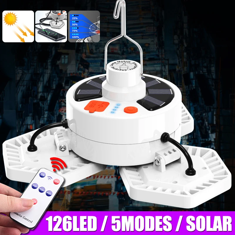 

126LED Portable Solar Bulb Rechargerable Remote Control Lantern Outdoor Camping Tent Lamp Night Market Light Emergency Powerbank