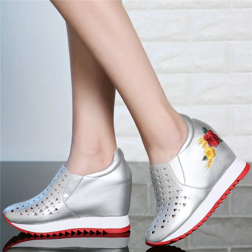 

Summer Trainers Women Breathable Genuine Leather Wedges Platform Evening Pumps Female Embroider High Heel Fashion Sneakers 2020