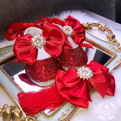 Dollbling Girls Baby Shoes Newborn Gift Happy New Years Baptism Shoes Red Shoes Handmade Mommy Daughter Outfit Bling Botties