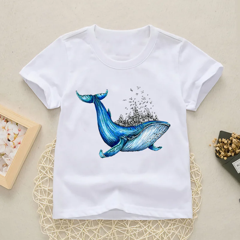 Cute Cartoon Whale Pattern T-Shirts Kids Short Sleeve Tops Animal Print Boys Girls Funny Casual Summer Tops,YKP008