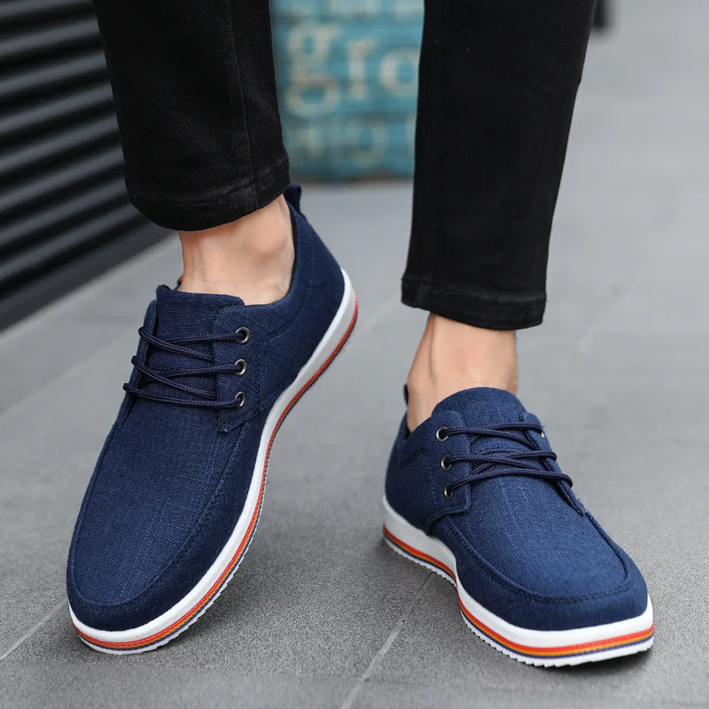 Casual Men Linen Shoes Trendy Vulcanized Flats Lace-up Sneaker Quality Rubber Bottom Male Footwear Large Size 39-47e44