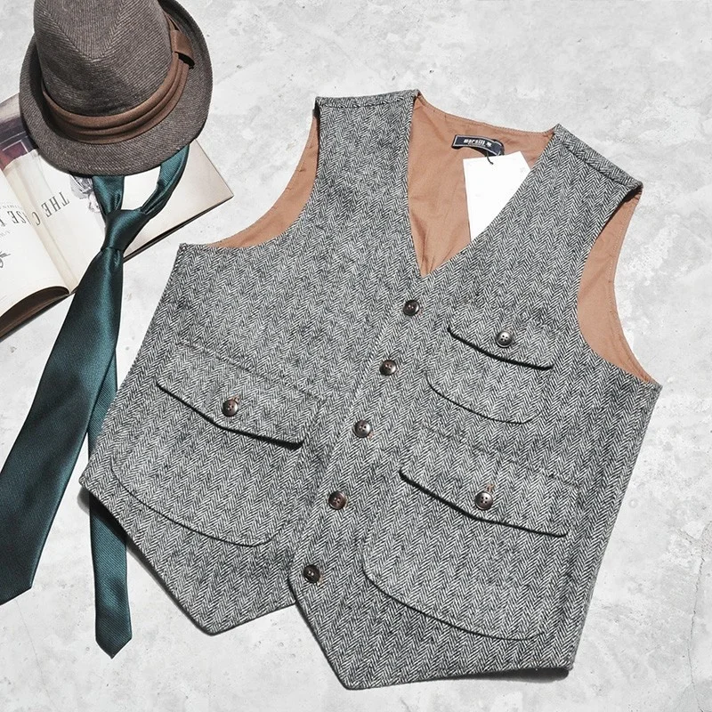 Mens Vintage Single Breasted Vest Top Business Man Elegant Sleeveless Tweed Jacket Waistcoat Pockets Slim Fit Vests Outwewear