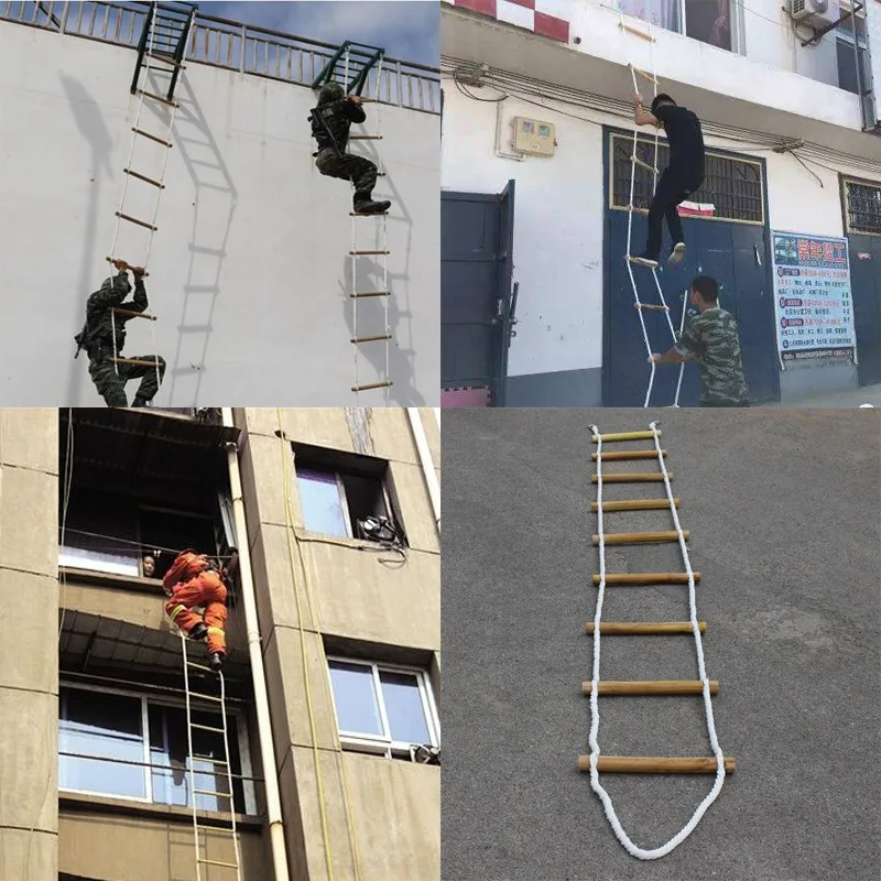 3M 5M Wooden Rope Ladder Home Lifeline Ladder Outdoor Round Nylon Soft Steps Escape Ladder Fire Rescue Home Climbing Rungs