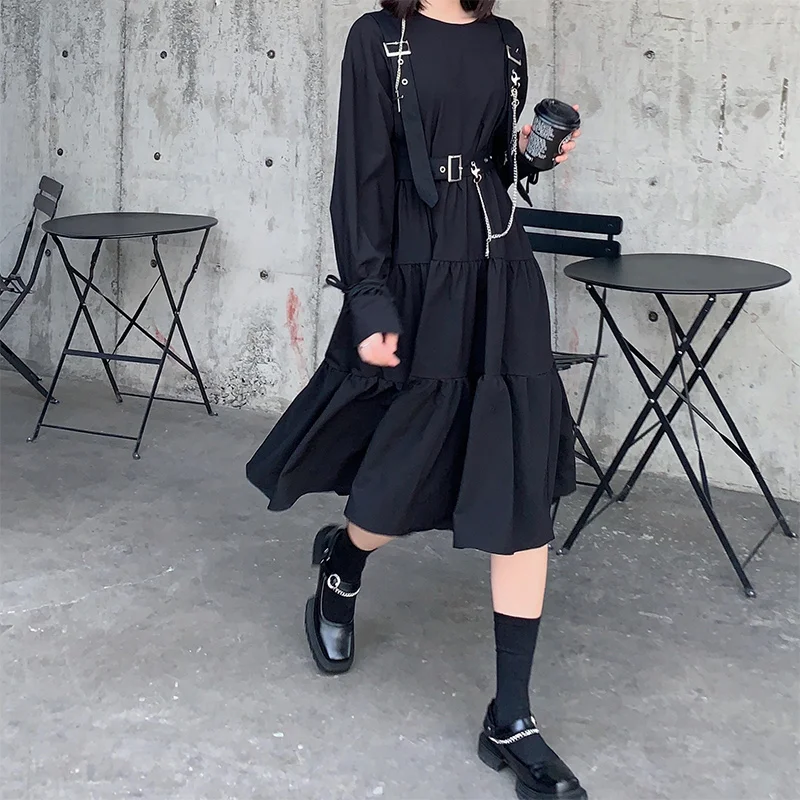 

2021 Gothic Style Black Dress Women Punk Long Sleeve Lace Up Vintage Midi Dresses Halloween Cosplay Loose Vestidos LYQ1276