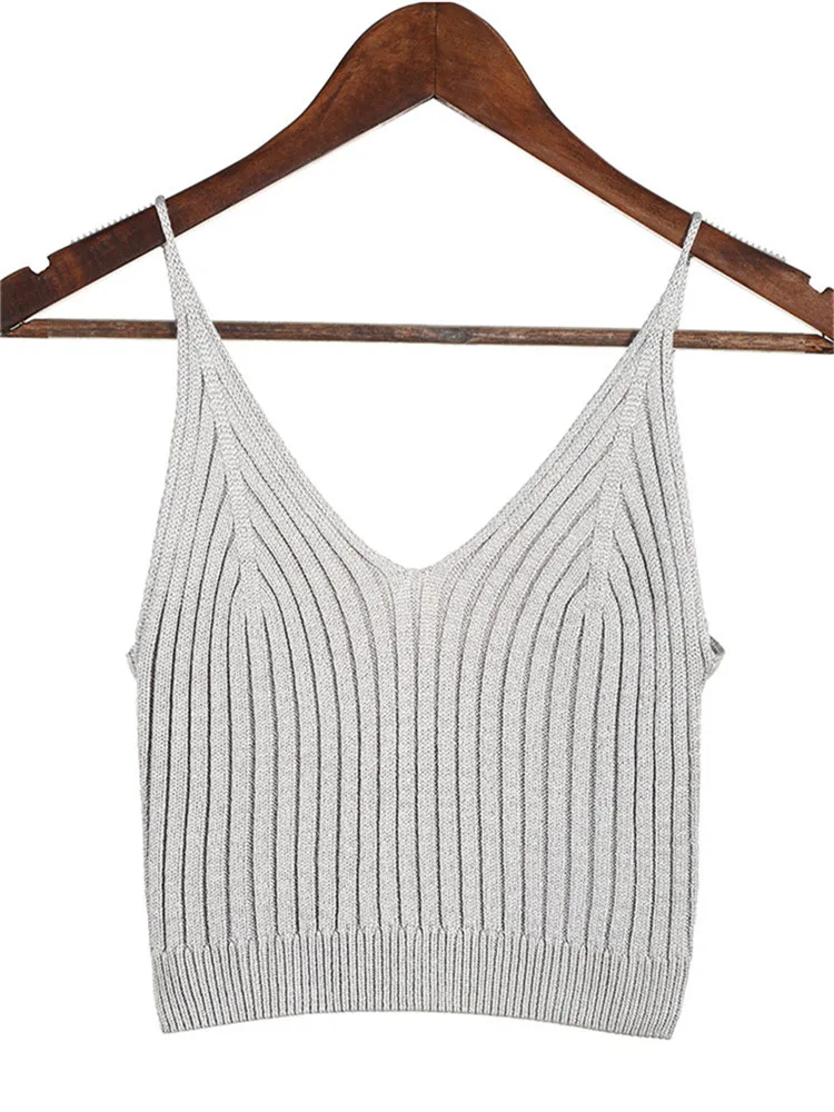 Sexy Knit Crop Tops Women Crochet Top Female V Neck Sleeveless T-  shirt Cropped Vest Camisole