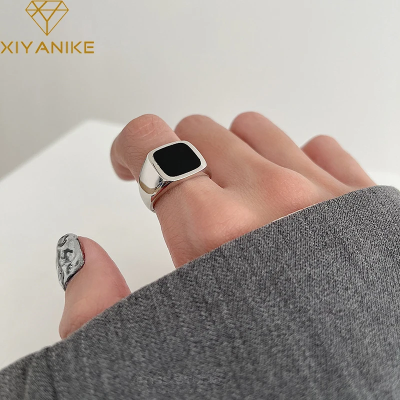 

XIYANIKE Silver Color 2021 Hot Sale Black Geometric Square Ring Simple Trendy Opening Jewelry Accessories Birthday Gift