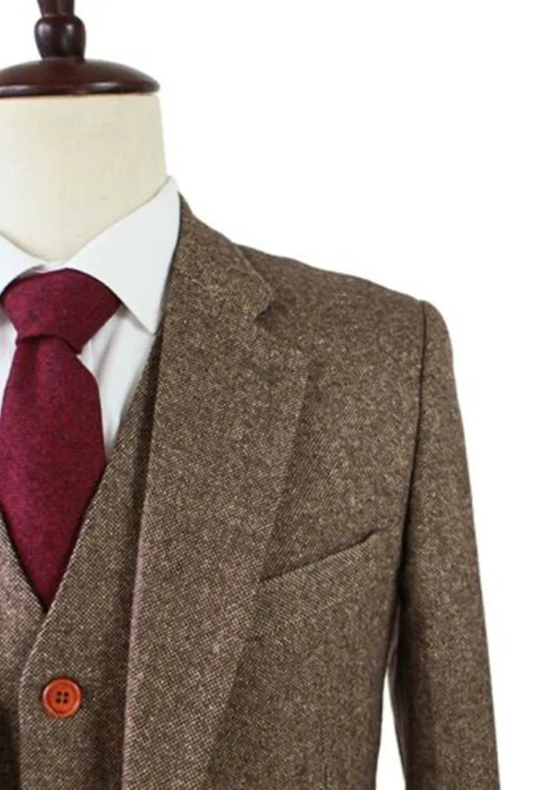 ผู้ชายสีน้ำตาลชุด Tweed ตรวจสอบ Tailor-Made 3ชิ้นอย่างเป็นทางการธุรกิจงานแต่งงานธุรกิจเจ้าบ่าว Tuxedos จัดงานแต่งงานพรหมชุด